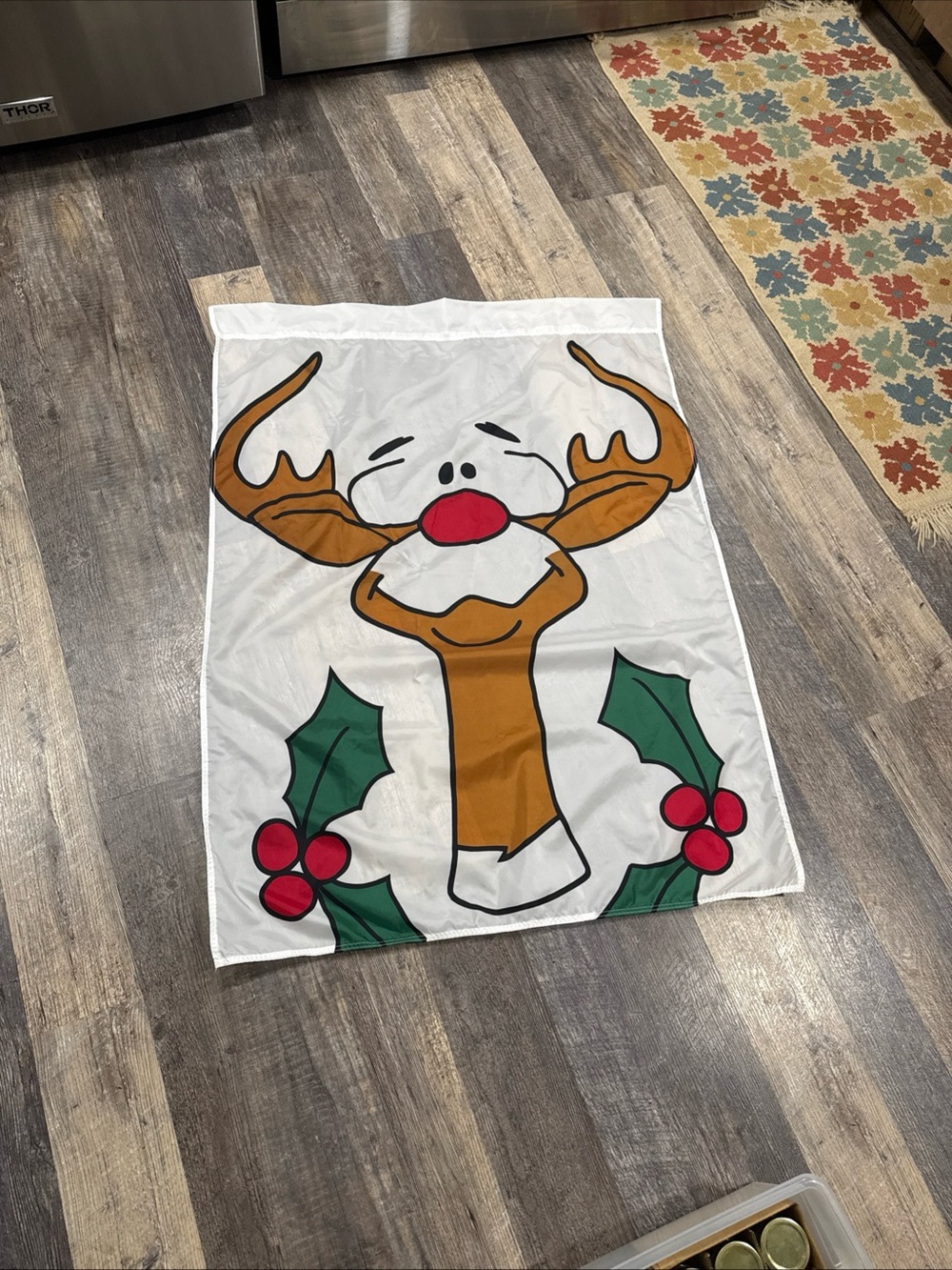 Rudolph the Red Nose Reindeer White Holiday Flag/Banner with Reindeer and Holly